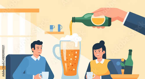 Two friends enjoy drinks in a cozy cafe with a waiter pouring beer