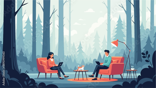 Two individuals work on laptops in a serene forest setting