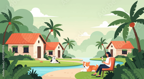 Tropical scene with houses, dogs, and woman relaxing by water