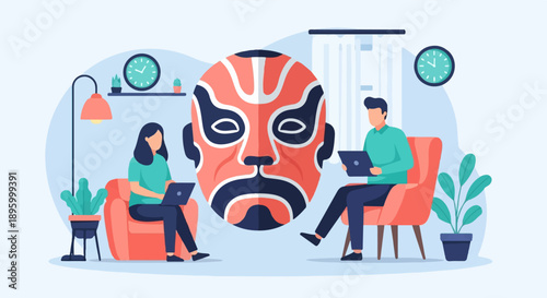 Two individuals work on laptops in cozy chairs, a large mask dominates