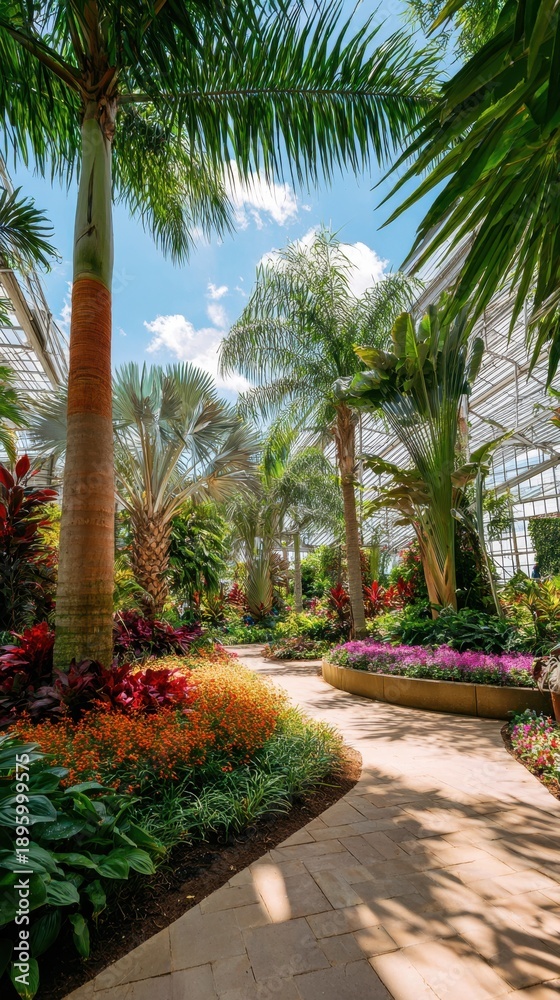 Fototapeta premium Tropical Conservatory Pathway with Lush Foliage