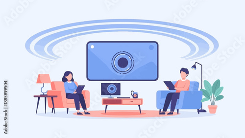 Two individuals in separate armchairs, each engrossed in tablets, within a stylized living room setting