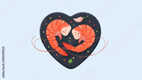 Two cooked shrimp arranged on a dark heart-shaped platter with colorful peppercorns