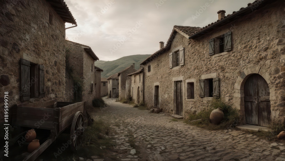 Fototapeta premium Old European Village Street Scene with Stone Buildings and Cobblestone Road.