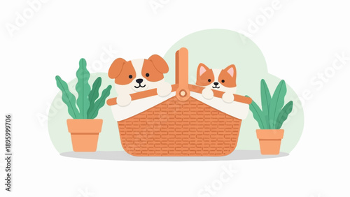 Two adorable puppies peek out from a woven basket between two potted plants