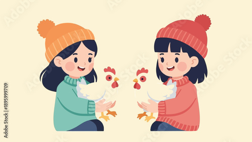 Two girls in warm hats and sweaters hold white chickens