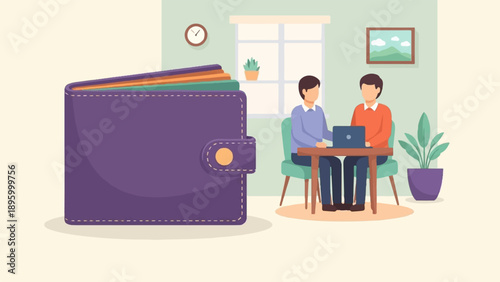 Two men discuss finances at a table beside a large purple wallet