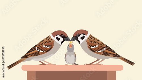 Two adult birds feeding a chick on a brown surface