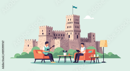 Two individuals relax near a castle, one plays guitar, the other draws