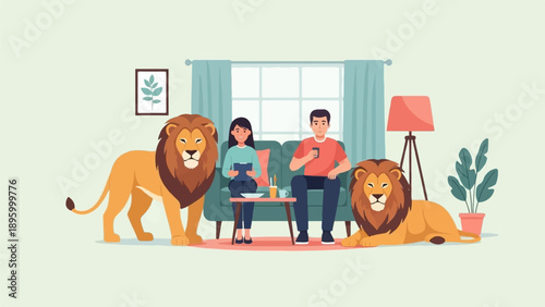Two lions flank a couple relaxing in a cozy living room setting