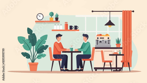 Two men sit at a cafe table with coffee, surrounded by plants and decor
