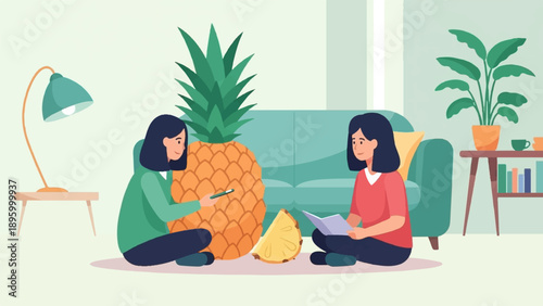 Two girls relax with a giant pineapple and a book in a cozy room