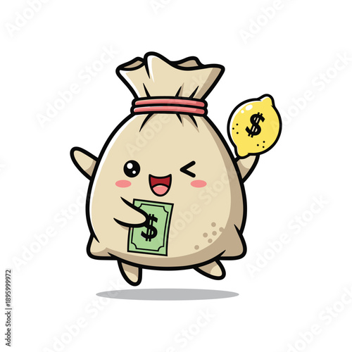 Cartoon money bag character holding cash and coin