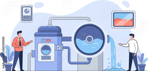 Two men observe a water purification system with charts and screens