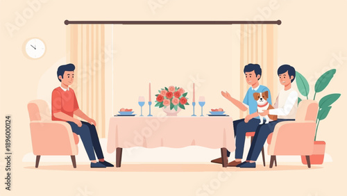 Two men and a dog enjoy a quiet dinner at home, with a floral centerpiece