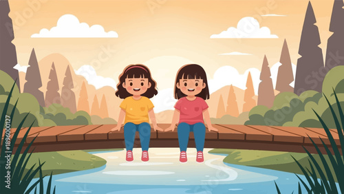 Two girls sitting on a wooden bridge over a river at sunset