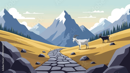 Two goats on a mountain path with rocky foreground and snowy peaks