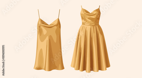 Two golden silk dresses, one slip, one midi, on cream background