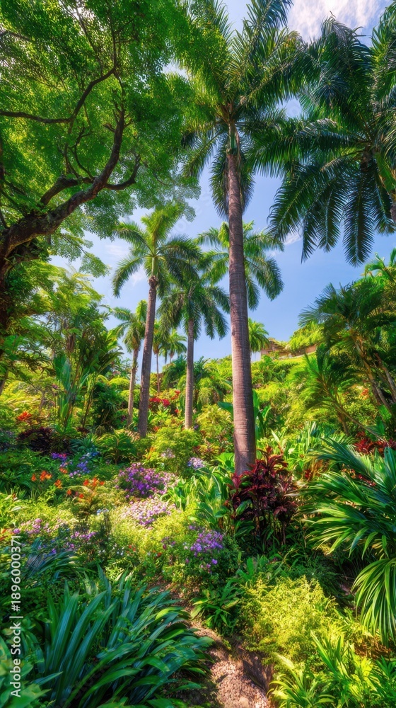 Obraz premium Lush Tropical Garden with Palm Trees and Flowers