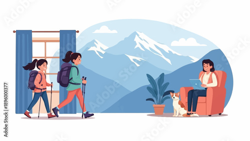 Two hikers with packs walk past window, person works on laptop with dog nearby