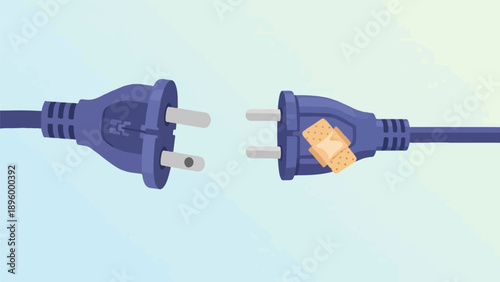 Two blue electrical plugs, one with bandages, are disconnected against a gradient sky