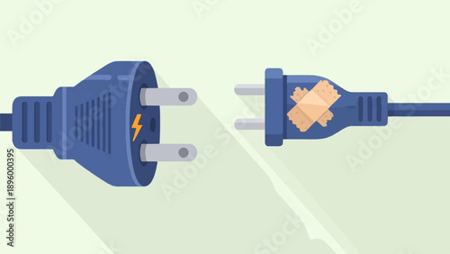 Two blue electrical plugs, one intact, one with bandages, facing each other