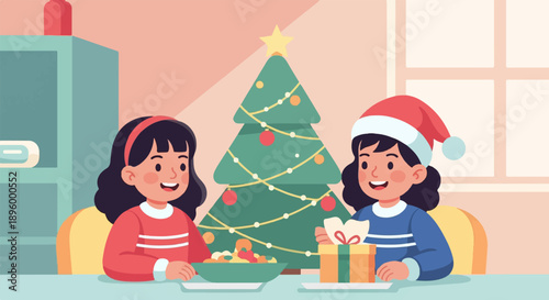 Two happy girls celebrate Christmas, exchanging gifts and food
