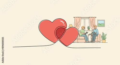 Two hearts linked by a line, a couple converses inside a room