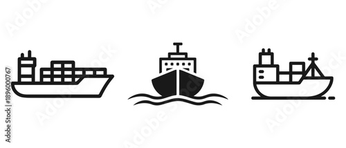 A trio of cargo ship icons, showcasing different designs of container vessels sailing on water.
