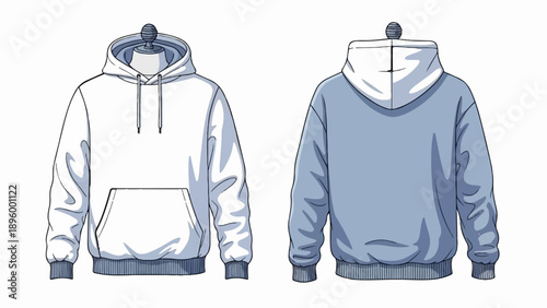 Two different colored hooded sweaters, front and back views, on display
