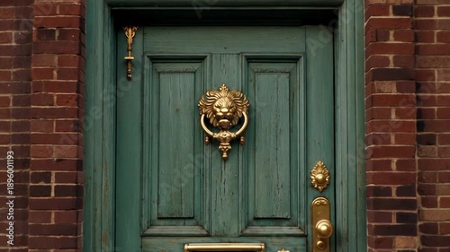 Wallpaper Mural Vintage Green Doors with Lion Head Knockers Set Against Traditional Brick Walls Torontodigital.ca
