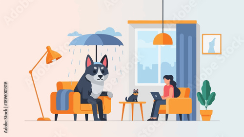 Two dogs and a person enjoy a rainy day indoors with comfort and technology