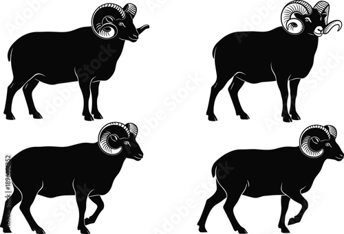 Black ram silhouette set, wild sheep vector illustration, animal horned mammal design, farm livestock icon collection, isolated monochrome clipart