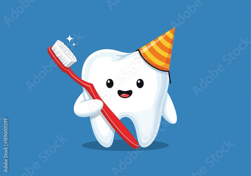 Cute cartoon tooth wearing a party hat holding a toothbrush