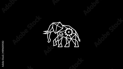 A geometric illustration of an elephant constructed from white lines with internal gears on a black background