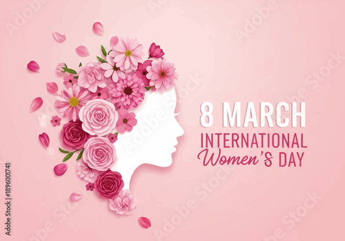 8 march international womens day silhouette with pink flowers