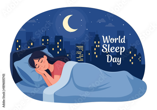 Woman sleeping peacefully in bed under night sky cityscape for world sleep day
