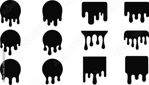 Set of twelve black dripping shapes including circles and rounded squares isolated on white background
