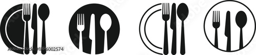 Flat vector icon set of dining plate, fork, knife, spoon in black and white style for restaurant and food service design