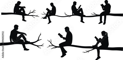 Flat vector silhouette of people reading books while sitting on tree branches, peaceful outdoor scene for education, nature, and relaxation themes