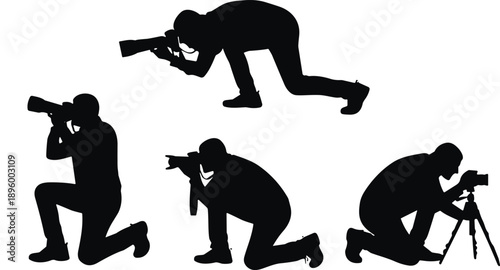 Flat vector silhouette of photographers kneeling, crouching, using cameras and tripod in various shooting positions for creative photography themes