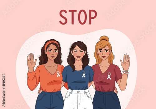 Three diverse women standing together showing solidarity and support for a cause