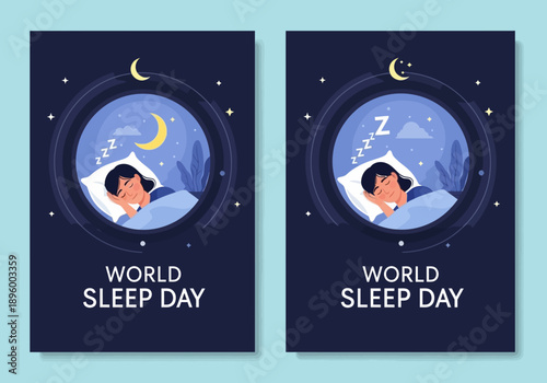 World sleep day posters with person sleeping under night sky