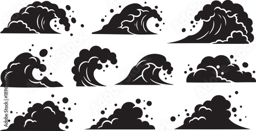 Black and white wave icons in various crashing styles