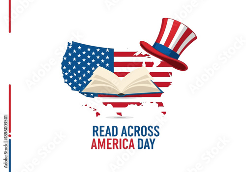 Read across america day graphic with us map, book, and uncle sam hat