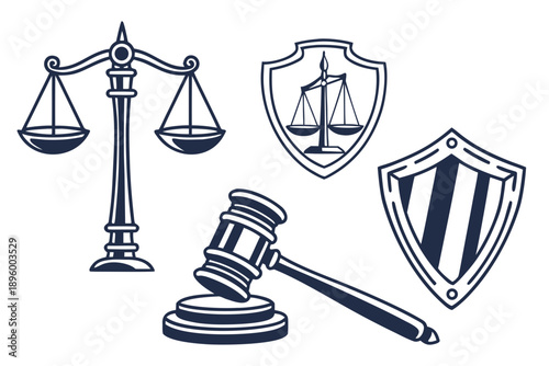 Symbolic representations of justice and law isolated on transparent background, isolated on white background, Vector
