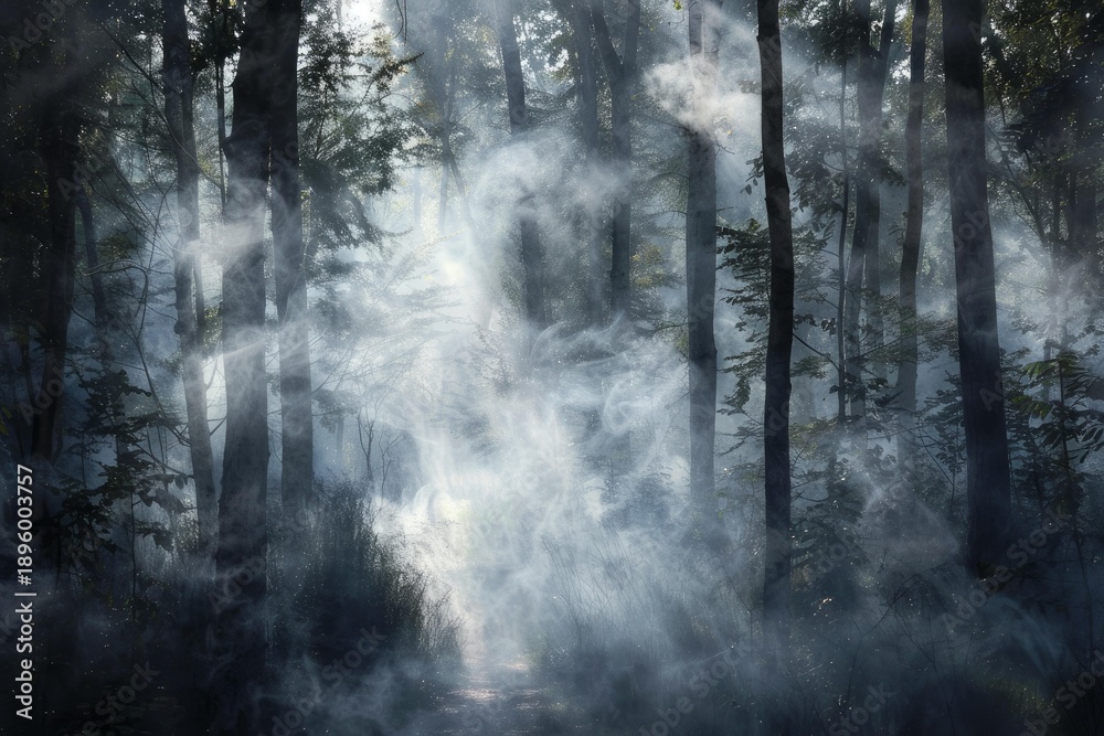 Fototapeta premium Beams of sunlight illuminating smoke rising from the forest floor, creating an ethereal atmosphere