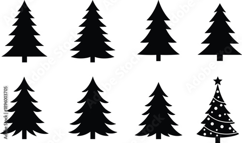 Christmas tree silhouette set, pine fir icons, evergreen collection, holiday forest symbols, winter vector, black tree shapes, isolated white background, graphic design