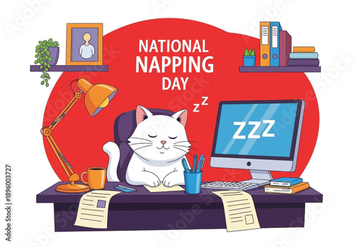 Cat napping at desk for national napping day celebration