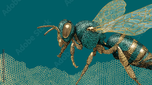 Illustration of a teal and gold insect, its wings and body intricate. A gold, patterned backdrop is featured